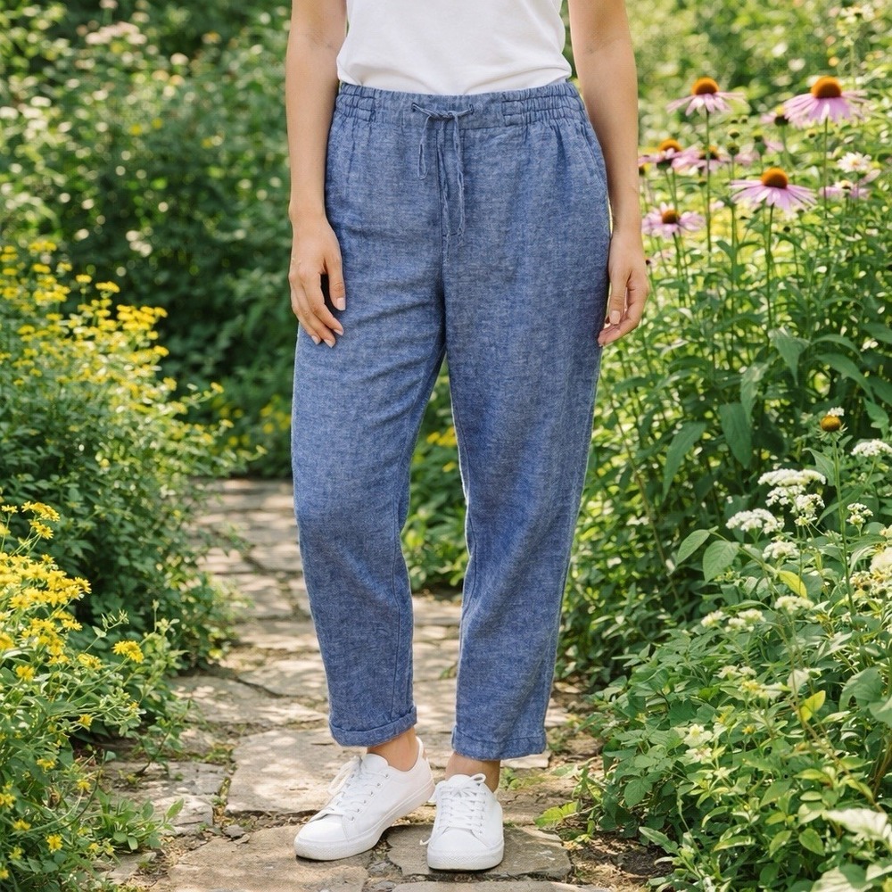 Old Navy Blue Linen Blend Drawstring Elastic Waist Pants Coastal Travel Resort L